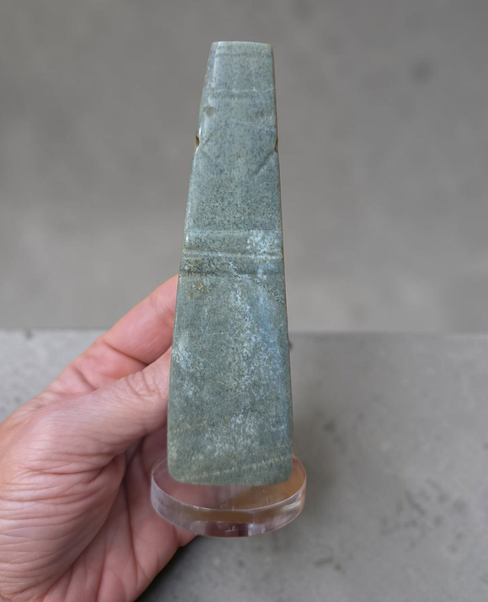 Pre-Columbian Avian Jade Axe God Celt, Costa Rica: 1.25" x 4.25" Pre-Columbian Avian Jade Axe God Celt, Avian Features, Ceremonial Half Back, Mineral Deposits, Calcification, Translucent Jade, Guanacaste Costa Rica