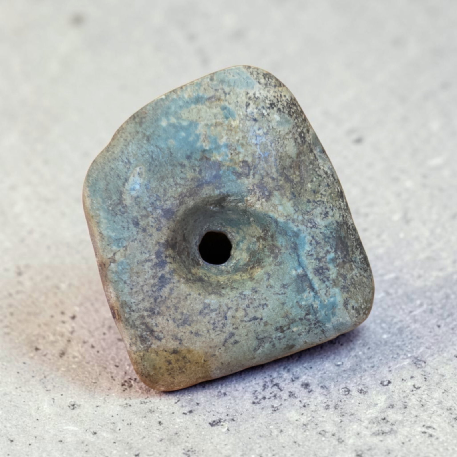 Pre-Columbian Mayan Ear Flare In Progress: 3" x 3" Pre-Columbian Mayan Ear Flare In Progress, Unfinished Jade Ear Flare, Calcification, Mineral Deposits, Mesoamerica 300-800 CE