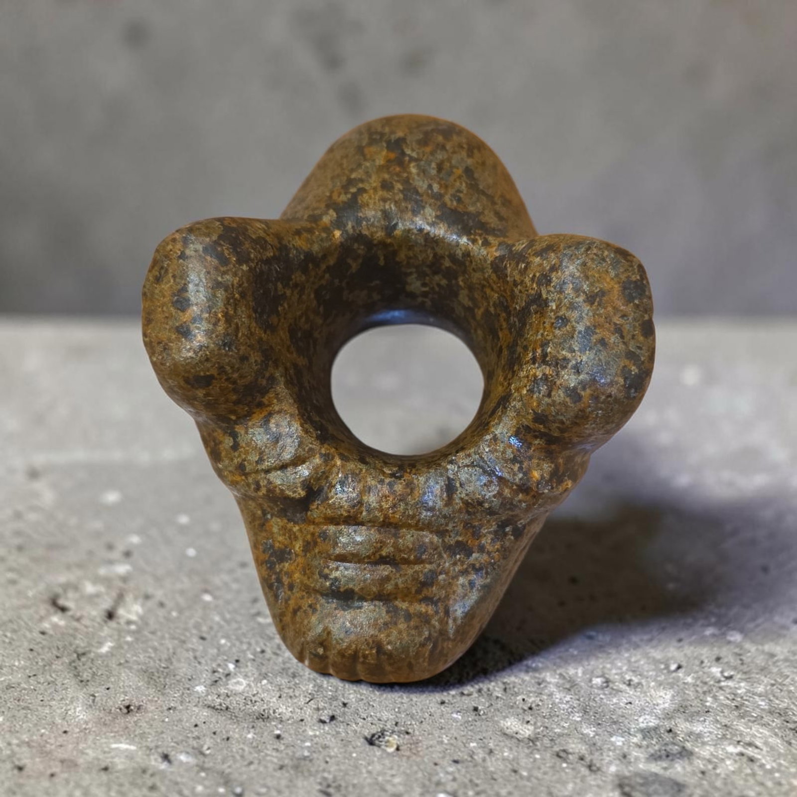 Pre-Columbian Feline Stone Mace: 2.75" x 3.25" Pre-Columbian Feline Stone Mace, Incised Lines, Hard Stone Mace, Costa Rica, 500-900 CE