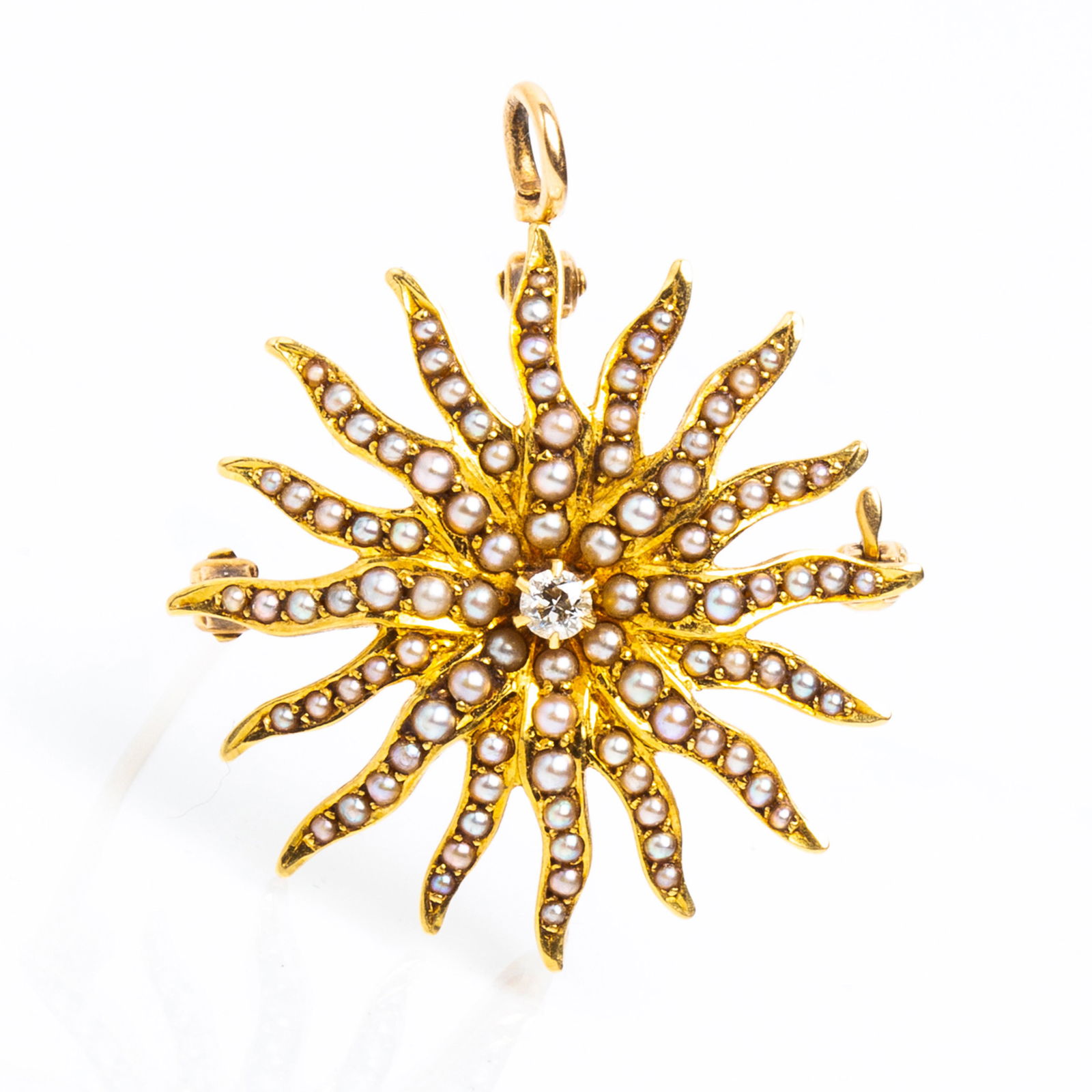 Antique 14K Seed Pearl and Diamond Brooch Pendant (1 of 9)