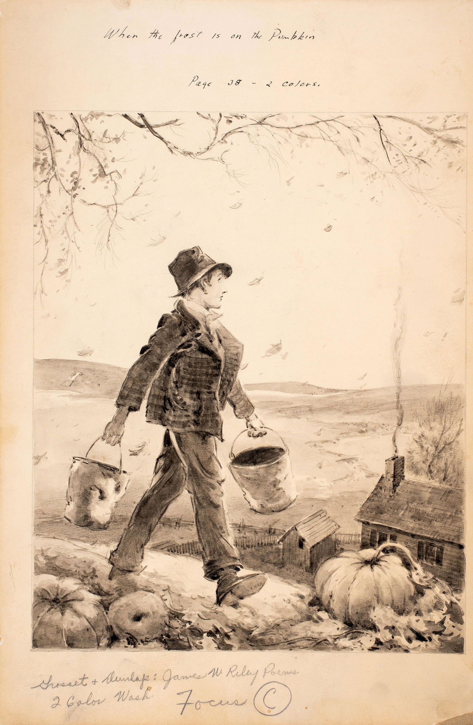 Everett Shinn (1876-1953) When the Frost is on the Pumpkin, 1943: This is an original ink wash illustration done for the book James W. Riley Poems,published by Grosset and Dunlap in New York in 1943. This illustration on illustration board has the printers annotatio