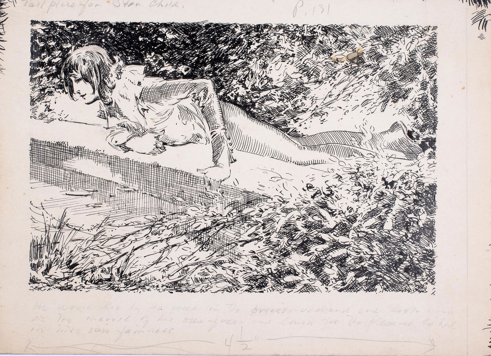 Everett Shinn (1876-1953) Star Child, Oscar Wilde Story: This is an original pen and ink illustration done for the Oscar Wilde story, Star Child. This image was to be the Tailpiece for the story. The image measures 5 3/4X8 1/2 inches, drawn on an illustrati