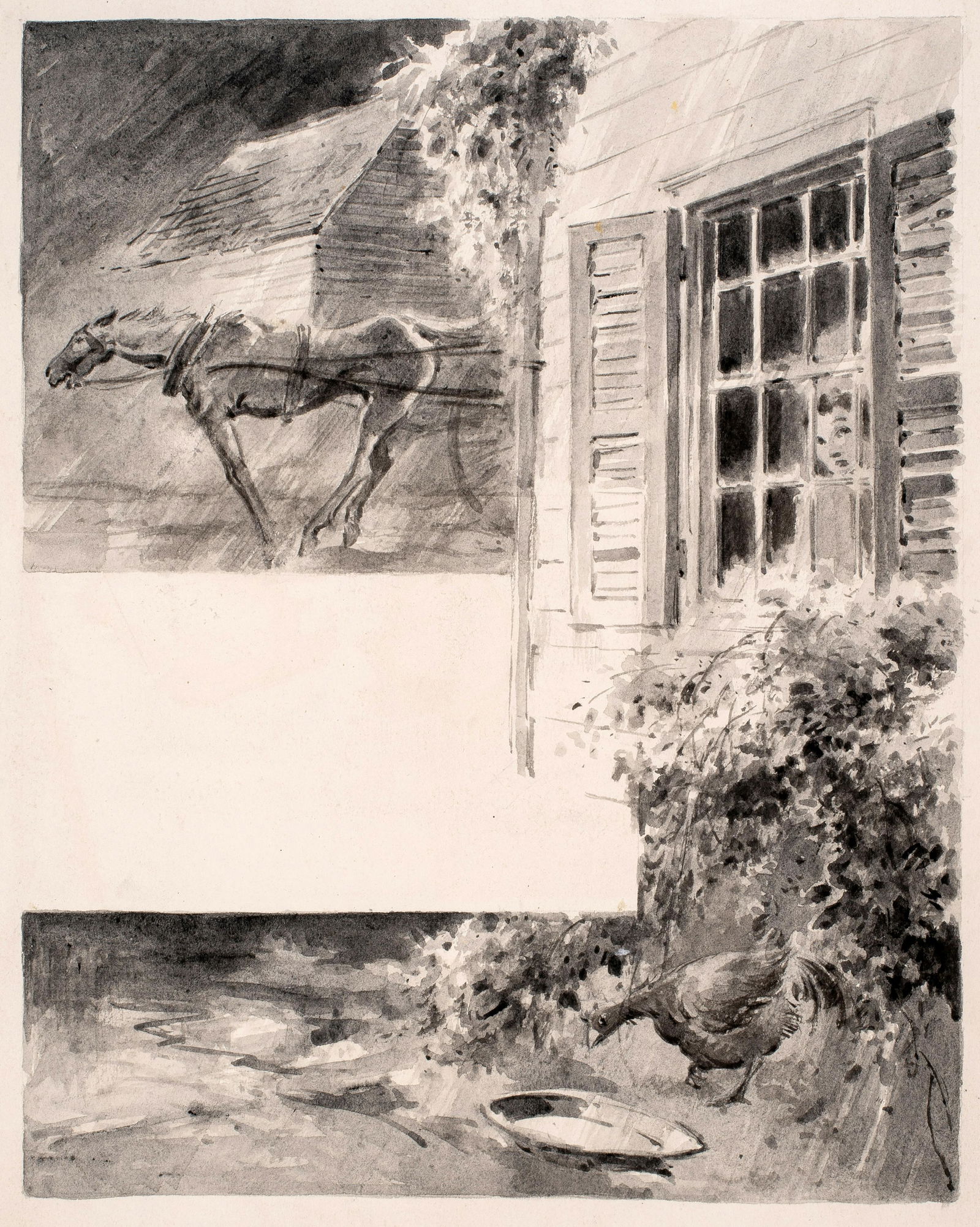 Everett Shinn (1876-1953) A Sudden Shower, James Riley Poem: This is an original ink wash illustration done by Everett Shinn for the book of Poems by James W. Riley, published in 1943. The title of this image is: "A Sudden Shower", it is described with printing