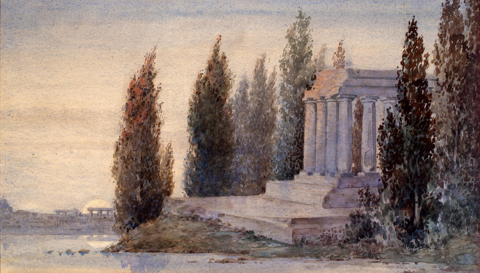 19th Century American School, Reflecting Pool: This is an interesting original watercolor painting of a monument and reflecting pool. This watercolor came to us unidentified as to the artist but it is a very competent hand that created this work. 