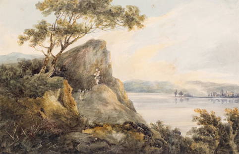 Paul Sandby (1731-1809) Lake and Rocks c.1783: Attributed to Paul Sandby. c. 1783. Unsigned, artist name and title on back of old mat. A beautifully luminous painting. Image measures 5 7/8 x 8 3/4 inches on 5 7/8 x 8 3/4 inch watercolor paper.