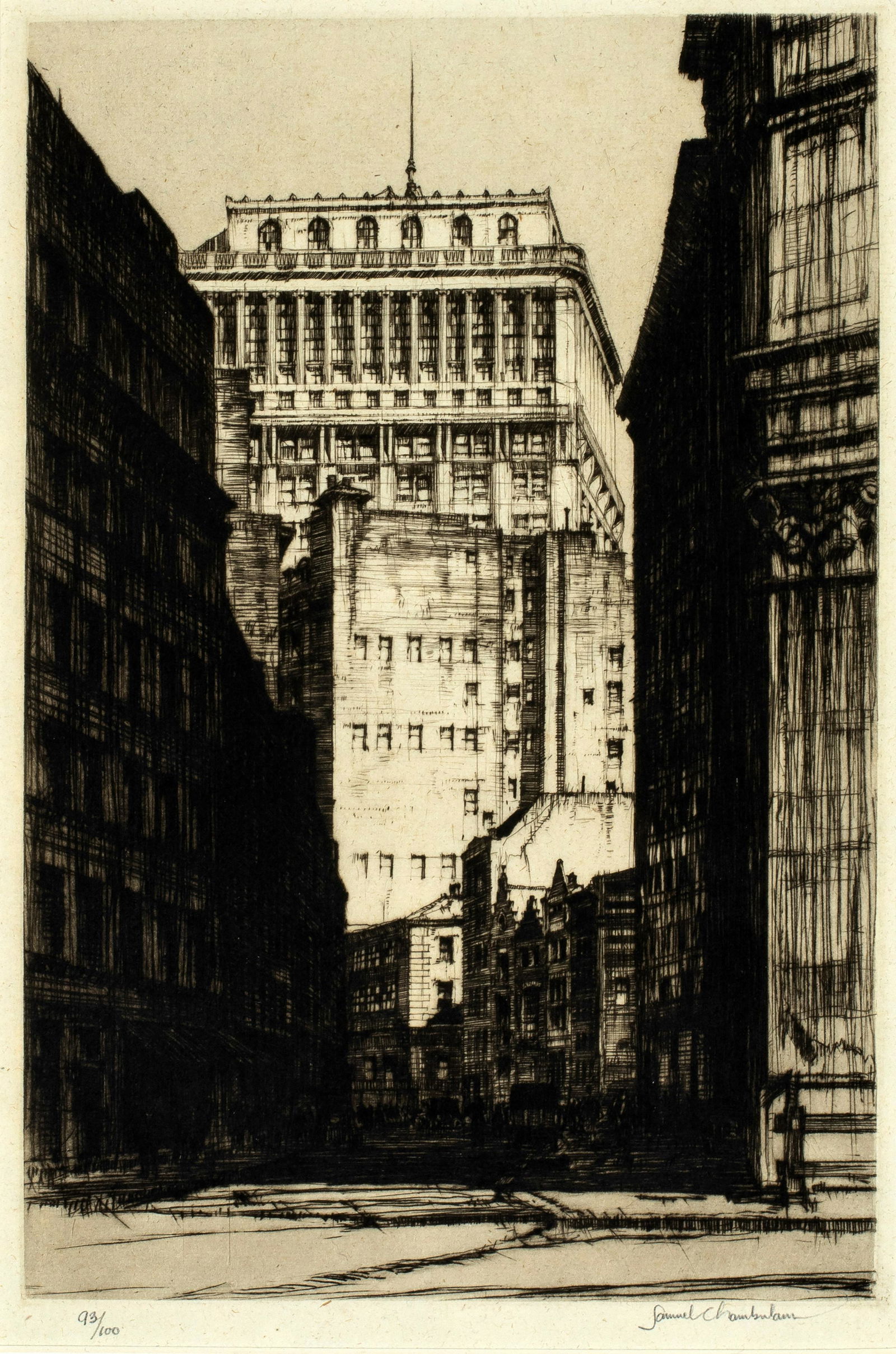 Samuel Chamberlain (1895-1975) The Curving Canyon, New York, 1929: This is a great New York etching, image size 8 5/8 x 5 3/4 inches, 1929, cat: Chamberlain-86, pencil signed and numbered below the image, titled in the lower margin. A rich impression on a grey toned