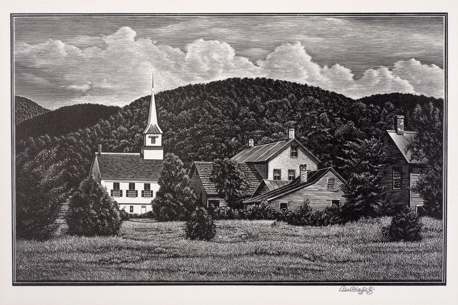 Asa Cheffetz (1896-1965) The Village Church, Vermont, 1945: This is an original wood engraving by American artist Asa Cheffetz. The title is: The Village Church, Vermont. It was created and printed in 1945 and sold through Associated American Artists in New Yo