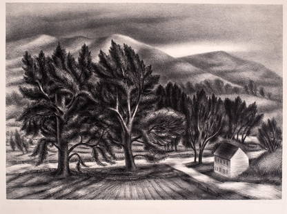 Albert Heckman (1893-1971) Wind Blown Trees, c.1935: This is an original lithograph by American artist Albert Heckman titled: Windblown Trees, this lithograph created and printed circa 1935 has an image size of 11 3/8X16 1/8 inches. It is pencil signed