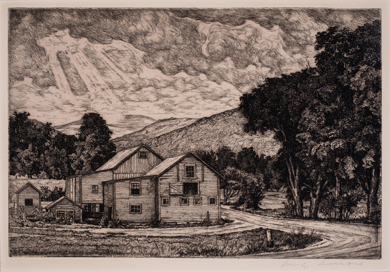 Luigi Lucioni (1900-1988) Sunlight Through the Clouds, 1943: Etching, image size: 6 1/2 x 9 7/8 inches, published by AAA 1944, ed. 250, cat. Embury-87, plate signed "L. Lucioni 43" lower left, pencil signed lower right, framed.
