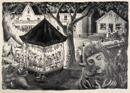 Prentiss Taylor (1907-1991) Women's Club Carnival, 1950: A whimsical scene by Prentiss Taylor created in 1950. It is pencil signed, dated, numbered and titled on the lower margin. Taylor was an illustrator, lithographer and painter studying at the Corcoran