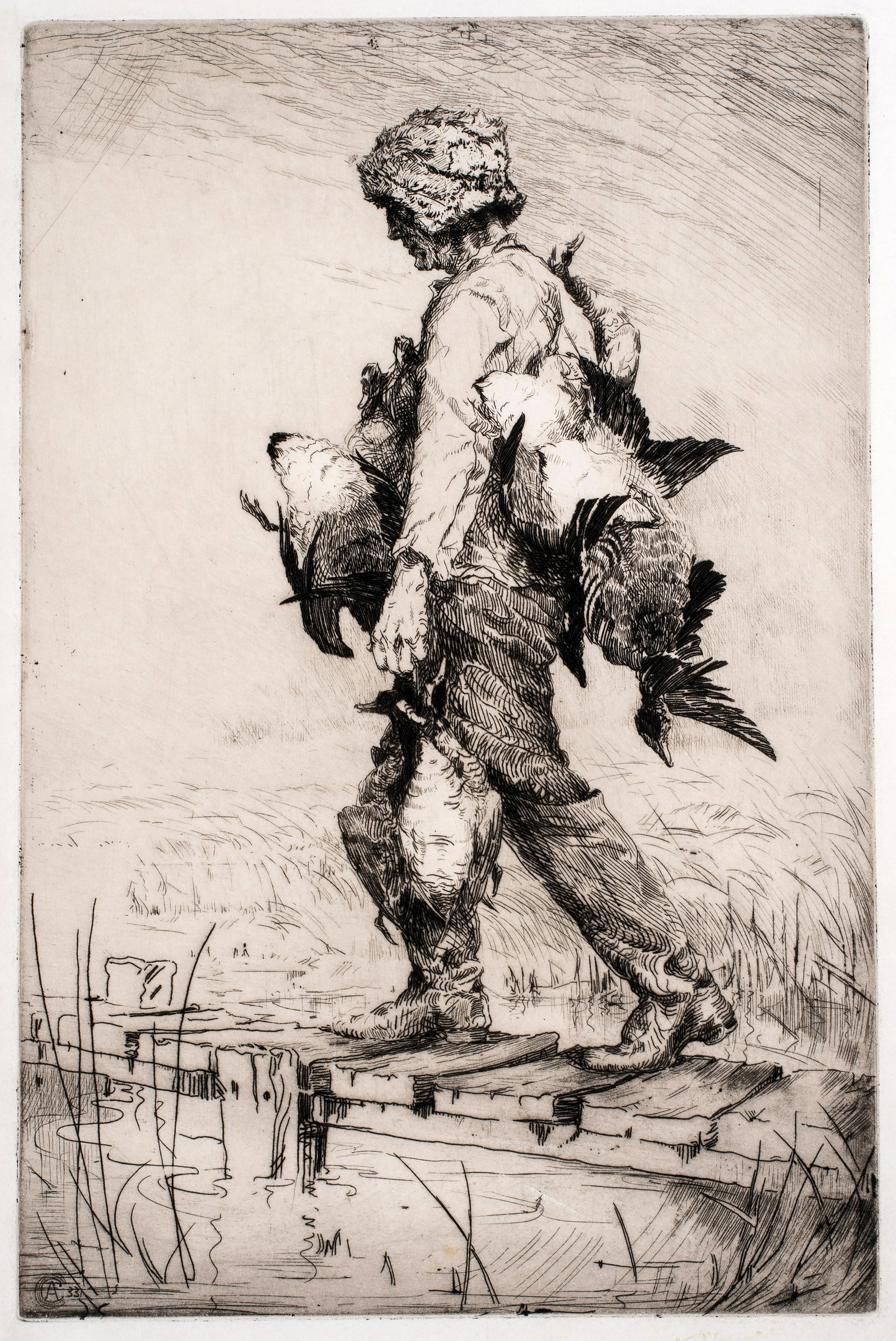 Arderne Clarence (1882-1966) Duck Hunter, 1933: Etching, image size 12 x 7 7/8 inches, 1933, signed in ink l.r. "A. Clarence"(faded), plate signed l.l. "CA 33".