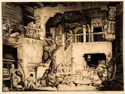 Sir William Russell Flint (1880-1969) The Wheelwrights, 1931: This is an original etching by British artist Sir William Russell FLint (1880-1969) The title of this work is The Wheelwrights", it was created and printed in 1931. This etching is hand signed in sepi