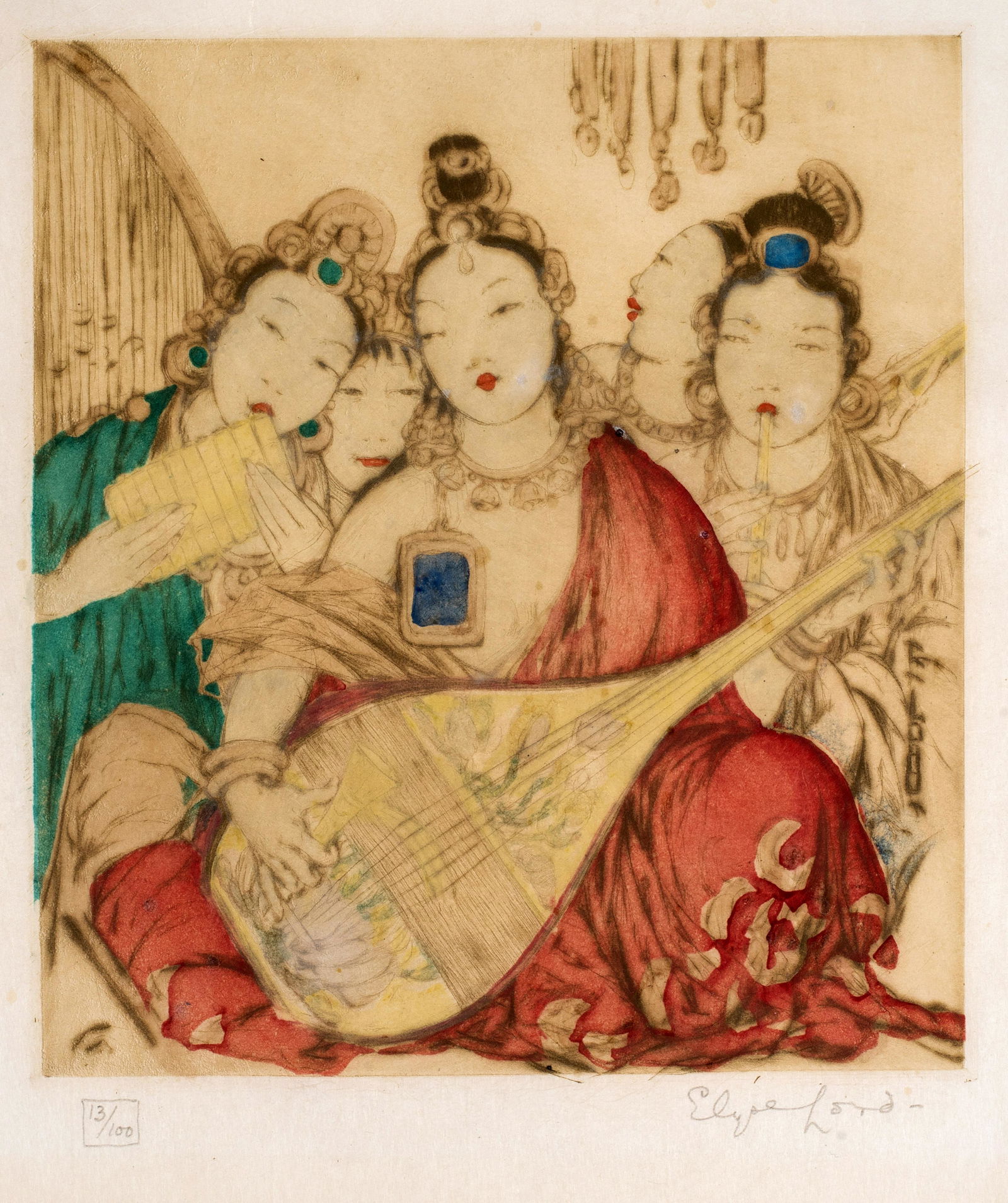 Elyse Ashe Lord (1900-1971) The Musicians: This is an original etching by British artist Elyse Lord . This image measures 7 1/2X6 5/8 inches, pencil signed and editioned as 13/100. Printed on a thin Japan type paper. Elyse Ashe Lord (1900-1971