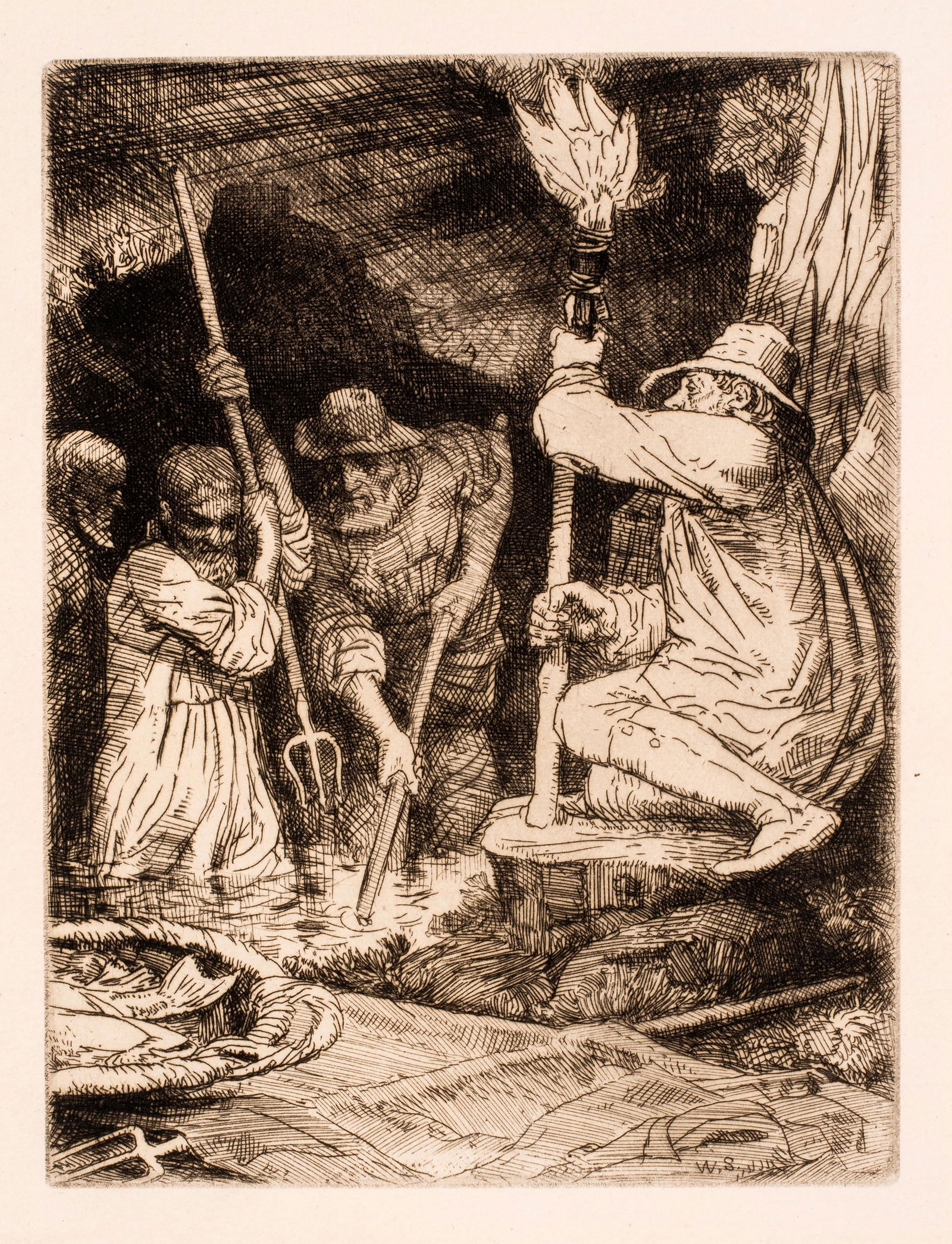 William Strang (1859-1921) Eel Fishing in a Cave by Torchlight, 1902: This is an original etching by British artist William Strang. This image: Eel Fishing in a Cave by Torchlight was created as an illustration to The Compleat Angler by Isaac Walton in 1902. The image m