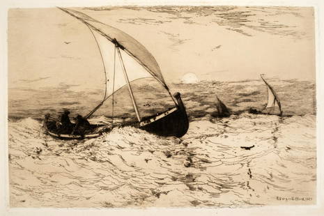 Robert Swain Gifford (1840-1905) Neapolitan Fishing - Boats Returning Home, 1884: Etching, 1884, image size 10 1/2 X 16 1/4 inches, plate signed "R. Swain Gifford 1884" l.r.