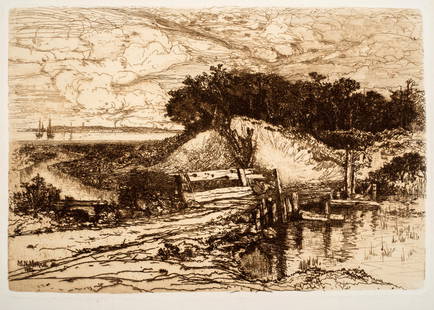 Mary Nimmo Moran (1842-1899) Gardiner's Bay from the Fresh Ponds, Long Island, 1884: An atmospheric image of Long Island, this etching measures 7 5/8 x 11 1/4 inches, 1884, signed and dated in the plate, framed. Mary Nimmo Moran was one of the leading women etchers of the late 19th ce