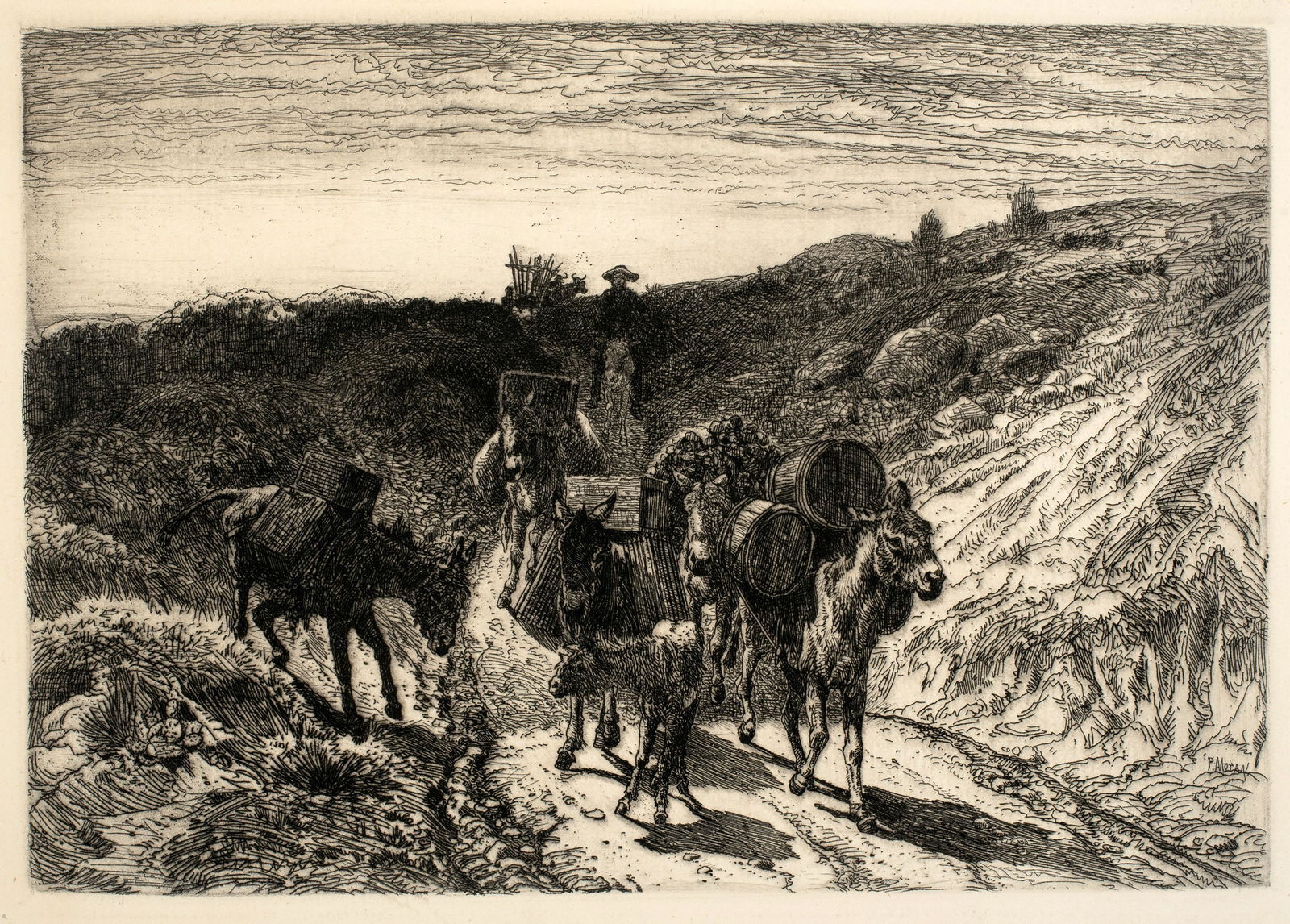 Peter Moran (1842-1914) Donkey Train: Etching, image size: 6 1/2 X 9 1/2 inches, plate signed.