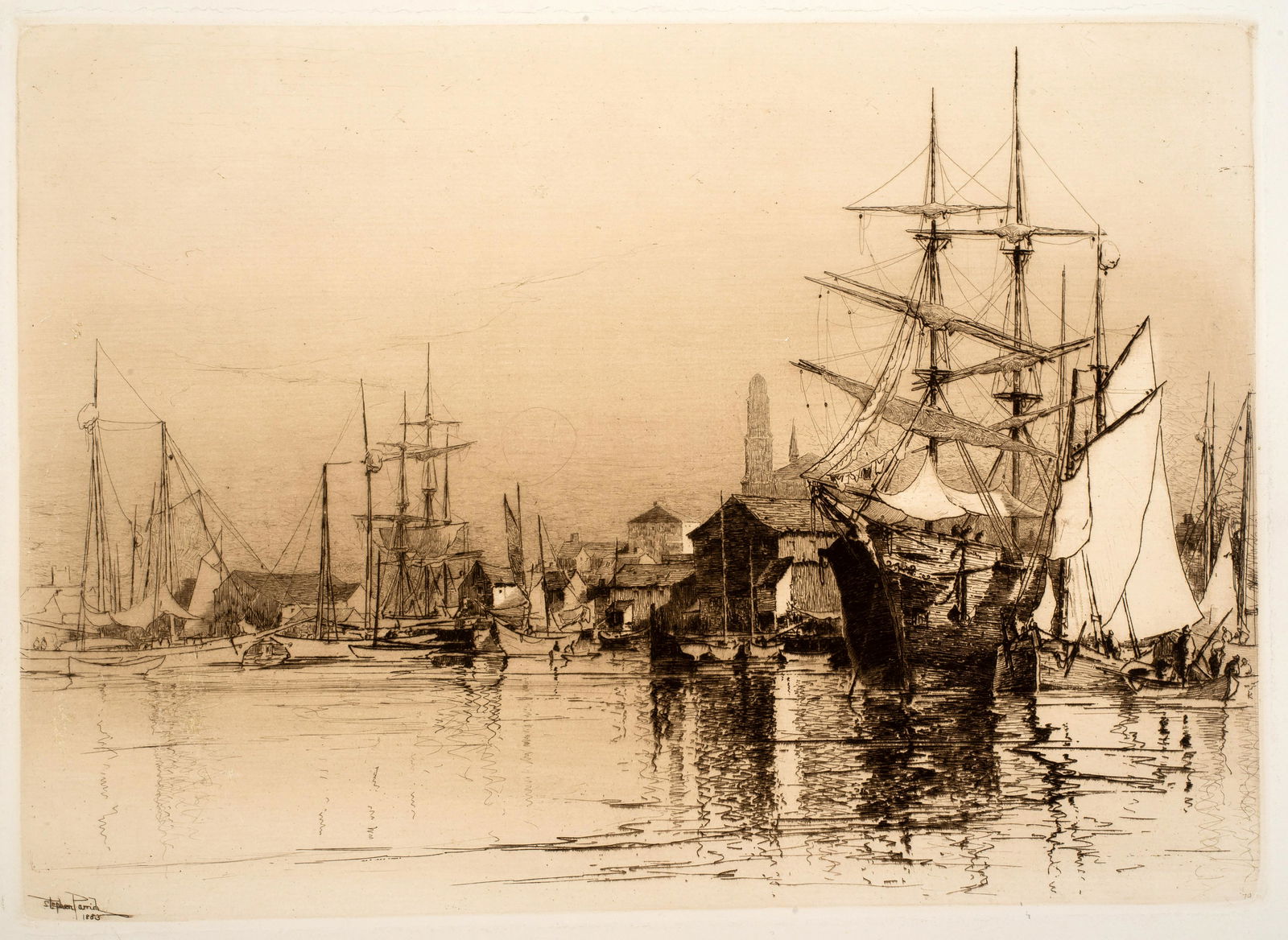 Stephen Parrish (1846-1938) Inner Harbor Gloucester, 1883: Etching, image size 9 5/8 x 13 1/2 inches, plate signed and dated l.l. "Stephen Parrish 1883".