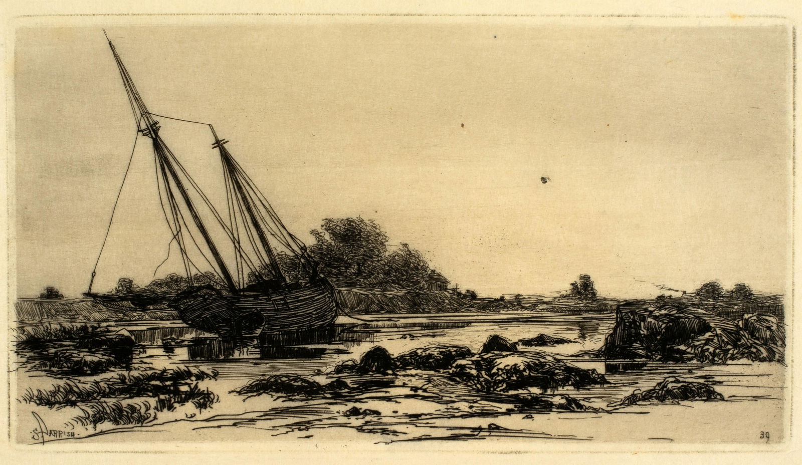 Stephen Parrish (1846-1938) On the Annisquam, 1880: Etching, image size 5 x 8 7/8 inches, 1880, Schneider #39, plate signed l.l. "S. Parrish" and "39" l.r.