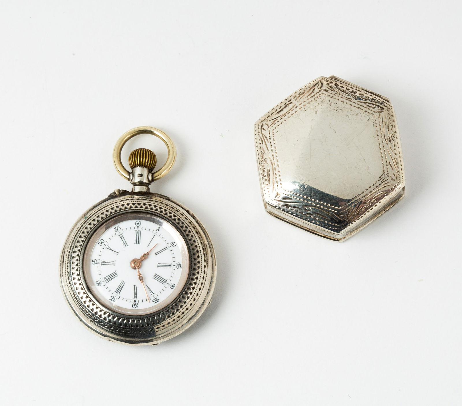 Sterling Pillbox and Silver Pocket Watch (1 of 9)