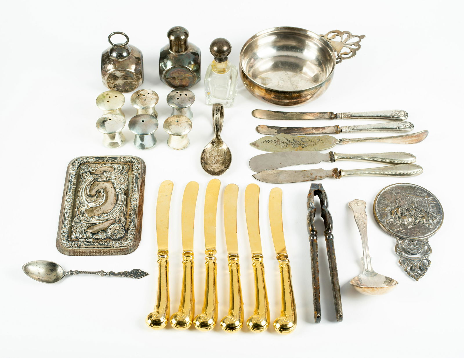 Gold Gilded Silver Knives and Other Small Metalware: Gold Gilded Silver Knives and Other Small Metalware, Set of six gold gilded knives with hallmarks,"GH", a crown, lion, and old English lower case k, wear and some separation; along with a porringer, a