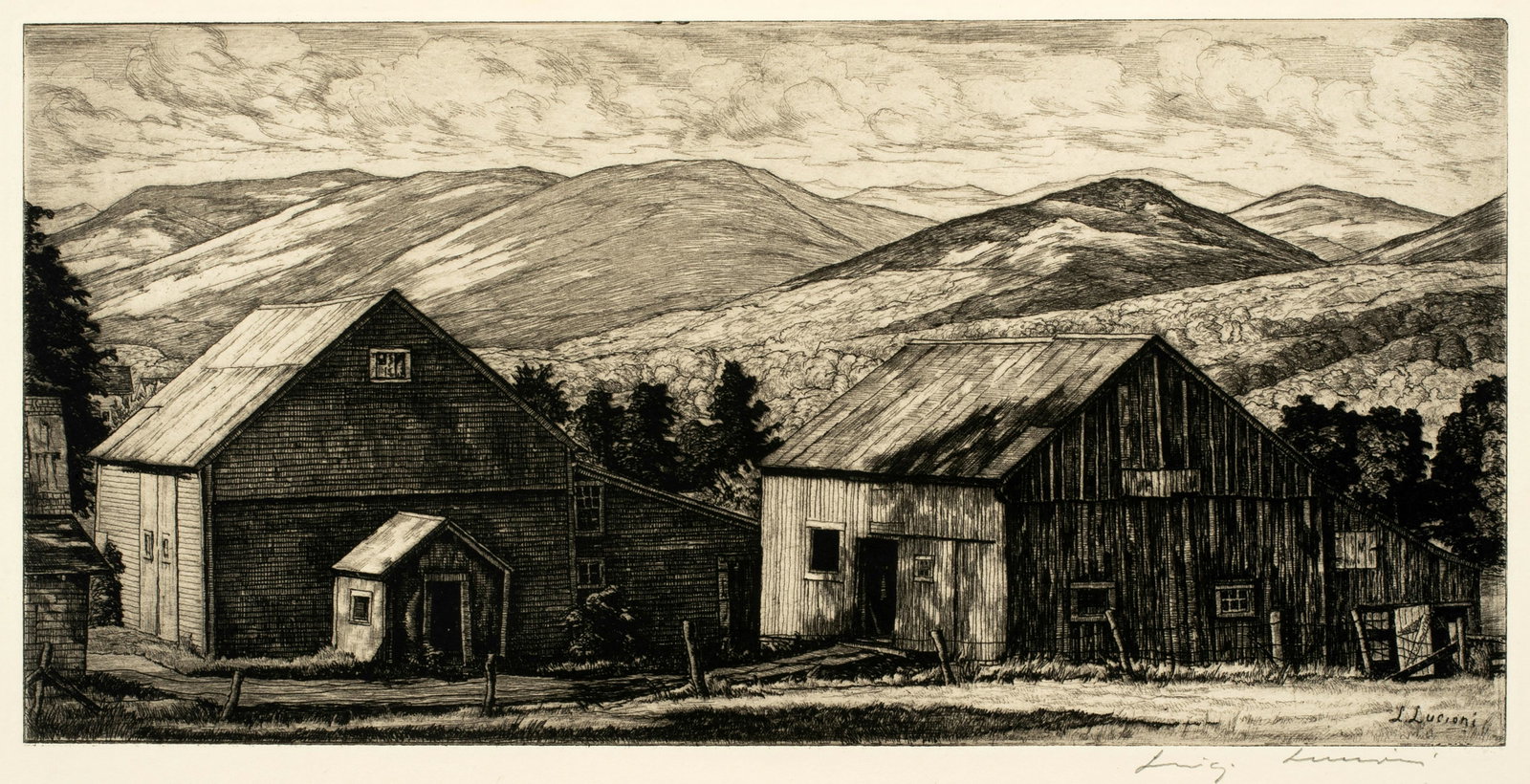 Luigi Lucioni (1900-1988) 'Two Barns and Mountain': Luigi Lucioni (1900-1988) 'Two Barns and Mountain'