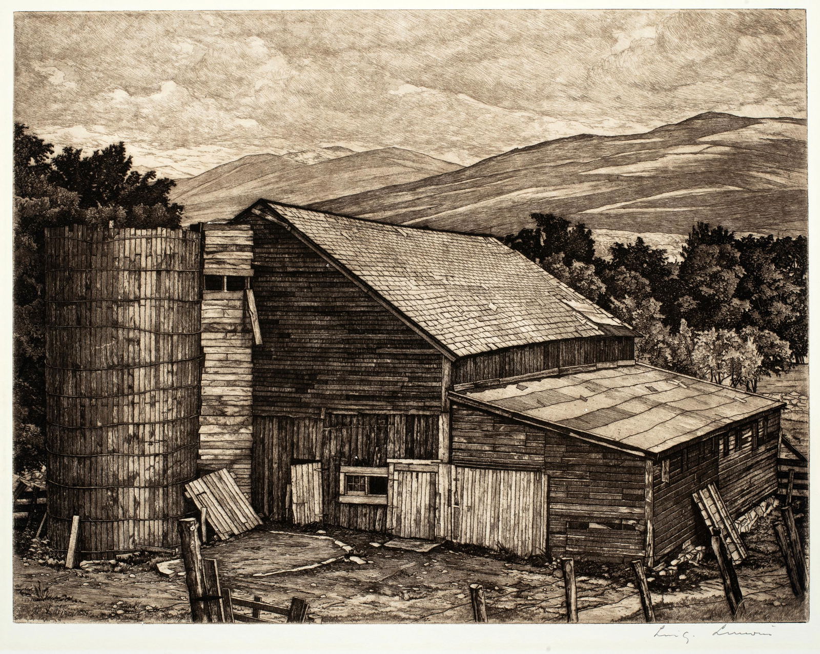 Luigi Lucioni (1900-1988) 'Vermont Survival, 1960': A finely detailed original etching, image size 9 7/8" x 12 3/4", published in 1960 by the Associated American Artists, cat: Embury-164, pencil signed. Lucioni was known for his remarkably detailed, te