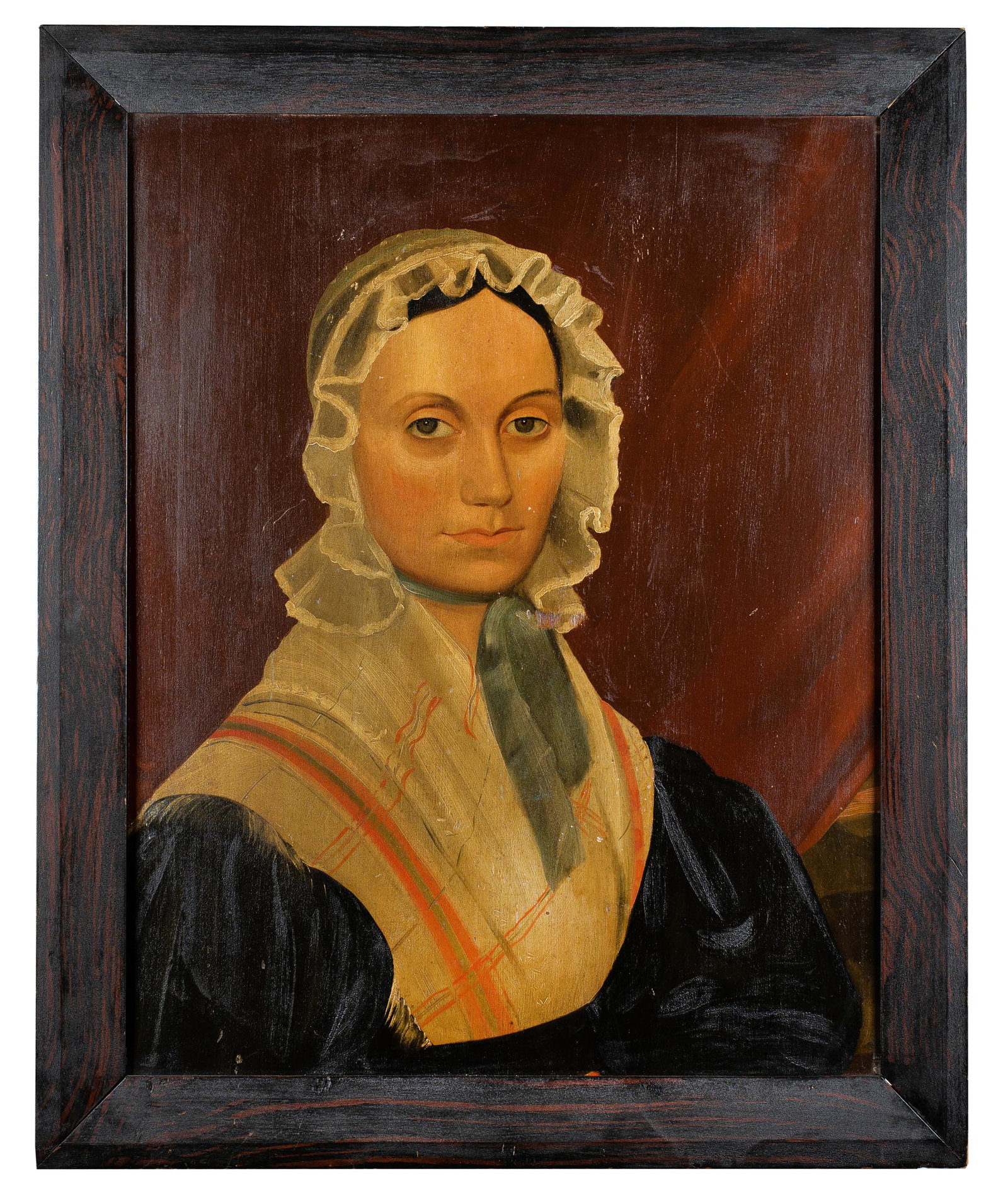 Antique 19th Century American School Portrait of a Caroline Hunt-Cushing Gale: Antique 19th Century American School Portrait of a Caroline Hunt-Cushing Gale, 1830's/1840's. Oil on board. Writing on the reverse of board identifies the subject as Caroline Hunt-Cushing Gale (1810-1