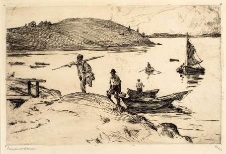 Frank Benson (1862-1951) 'The Landing, 1915': Original pencil signed drypoint etching by American artist Frank Benson 1862-1951. The title of this work is "The Landing", created and printed in 1915 in an edition of only 50. The image measures 7 1