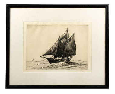 Reynolds Beal (1867-1951) 'Ketch Thelma, 1930': This is a beautiful, richly inked original etching by Rockport artist Reynolds Beal, image size 9 1/4" x 12 3/4", published in 1930, pencil signed and dated, framed. Beal was born and raised in New Yo