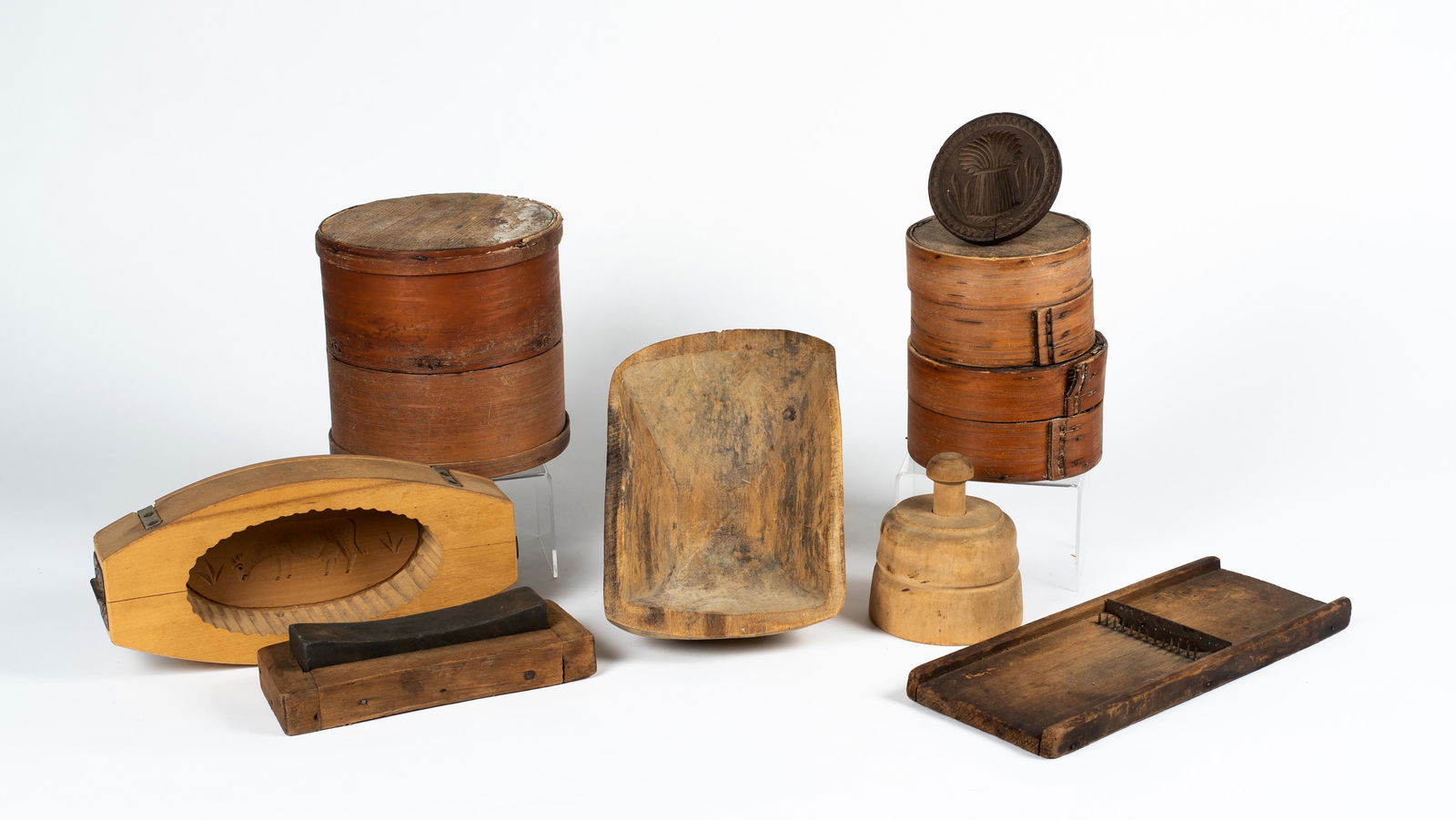 Vintage Wooden Cheese Boxes, Butter Molds, Knife Sharpener, and Slicer (1 of 9)