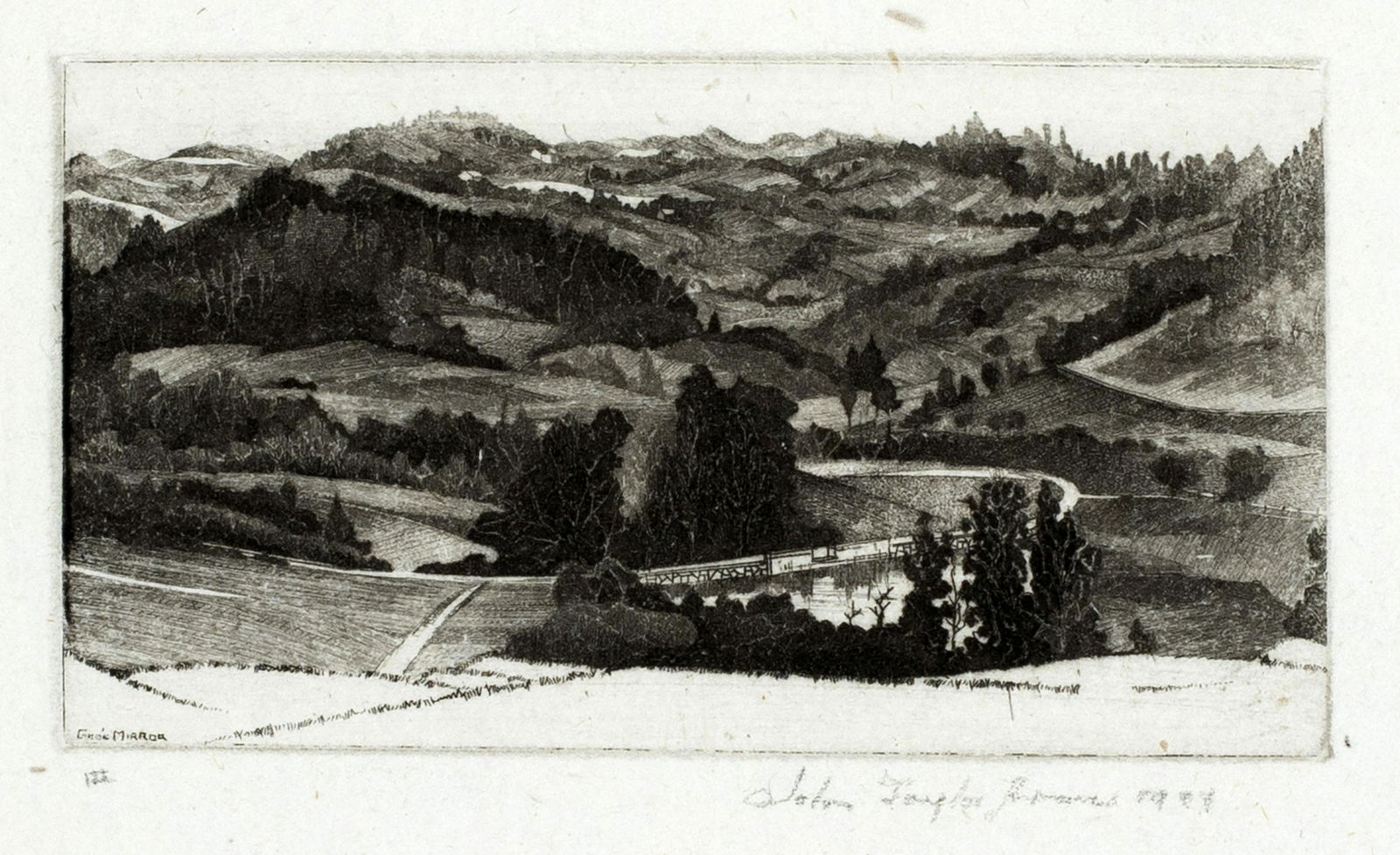 John Taylor Arms (1887-1953) 'God's Mirror 1944': A beautiful image of the Vermont countryside created by the master printmaker, John Taylor Arms, measuring 1 5/16" x 2 3/8", also titled "Vermont", it is pencil signed, dated and numbered #122 and pla