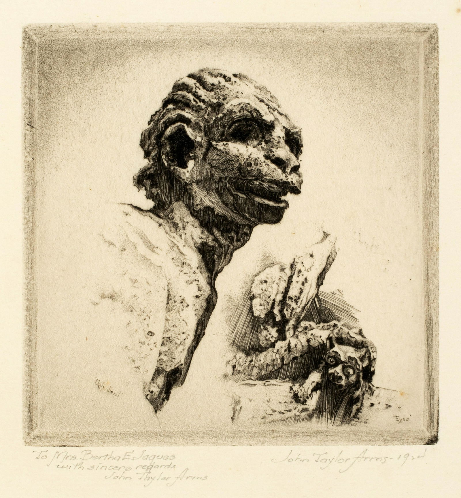 John Taylor Arms (1887-1953) 'The Ugly Devil, 1924': This is an original etching by John Taylor Arms, one of his Gargoyle Studies titled: "Ugly Devil", it was created and printed in 1924, the image measures 3 1/8" X 3 3/16". The edition was 100 signed p