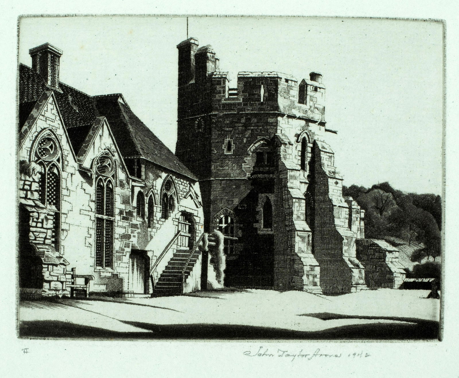 John Taylor Arms (1887-1953) 'Stokesay Castle, 1942': Etching, 1942, image size 2 1/4" X 2 15/16", edition of 365, Miniature print society of Kansas, pencil signed, on bluish tinted paper.