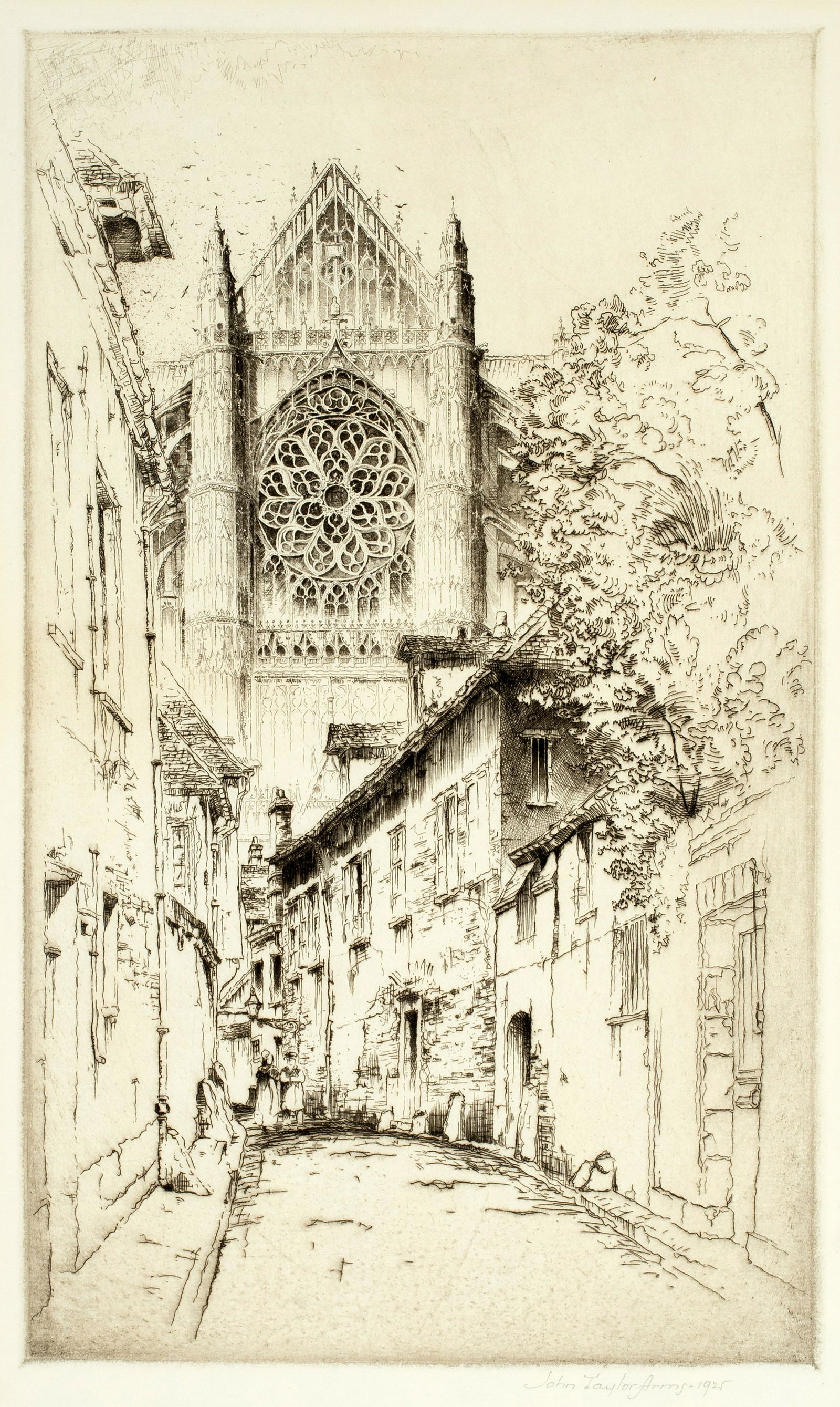 John Taylor Arms (1887-1953) 'The Rose, Beauvais, 1925': This is a remarkable original etching of the intricate facade and Rose window of Beauvais cathedral by American artist John Taylor Arms. The image size is 12" x 7 1/8", 1925, French Church Series #3,