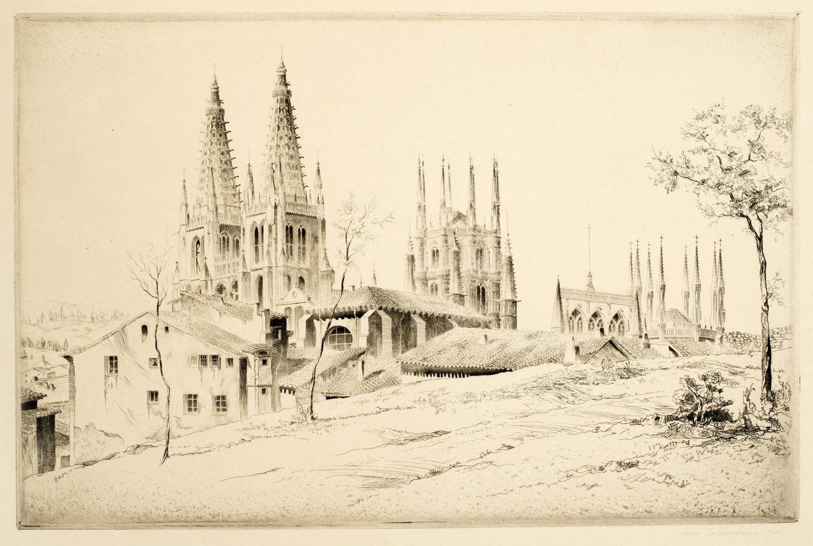 John Taylor Arms (1887-1953) 'Burgos, 1924': This is an atmospheric original etching of the cathedral in the town of Burgos in Northern Spain. Image size 8 1/2" x 13", 1924, edition of 150, cat: Fletcher-142, Spanish Church Series #2, pencil sig