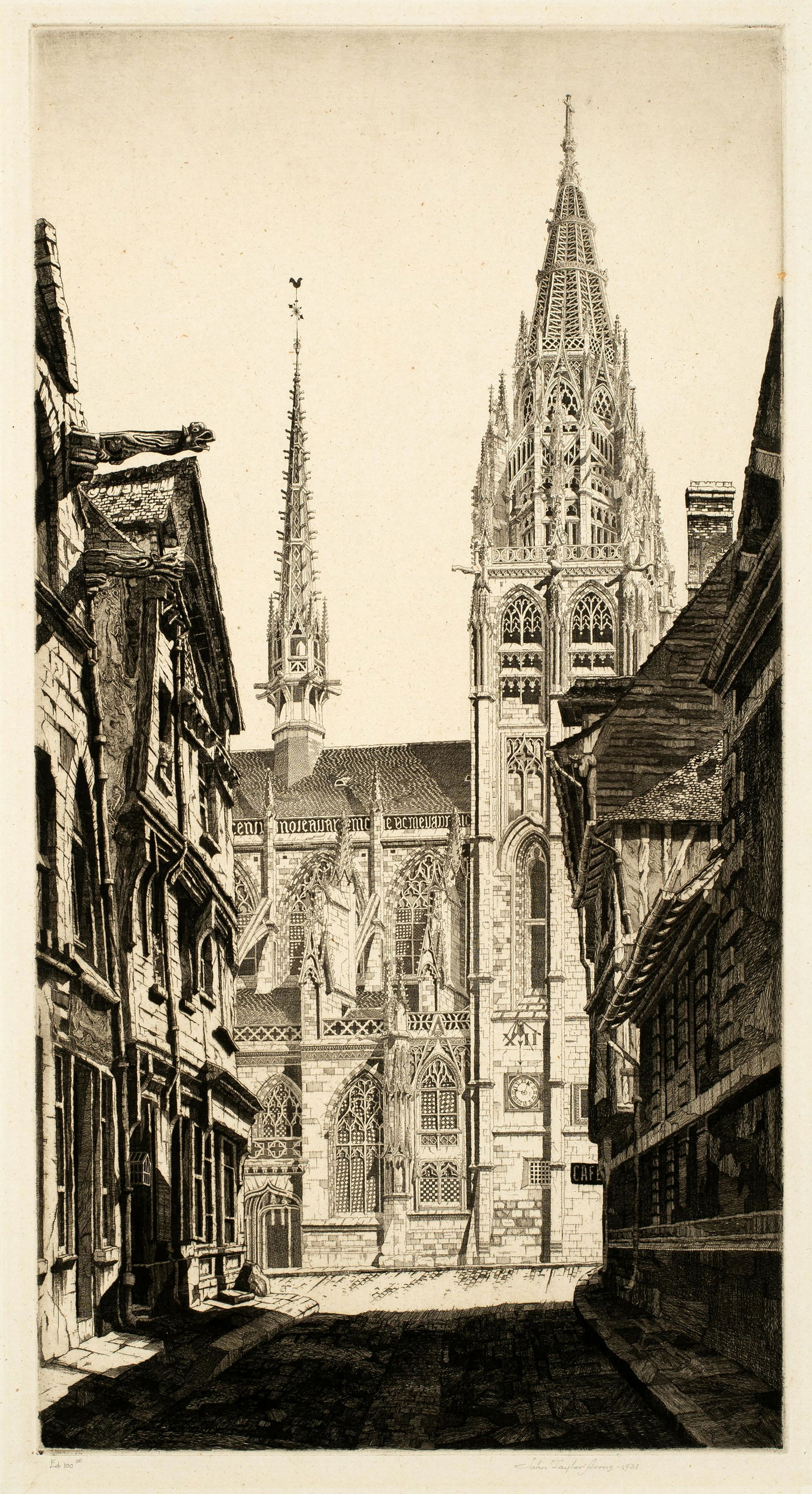 John Taylor Arms (1887-1953) 'Sunlight on Stone, 1931': This is an original prize winning etching by American artist John Taylor Arms. The title is Sunlight on Stone, Caudebec-en-Caux. The image created in 1931 measures 14 1/2" X 7 5/8". Printed on an anti