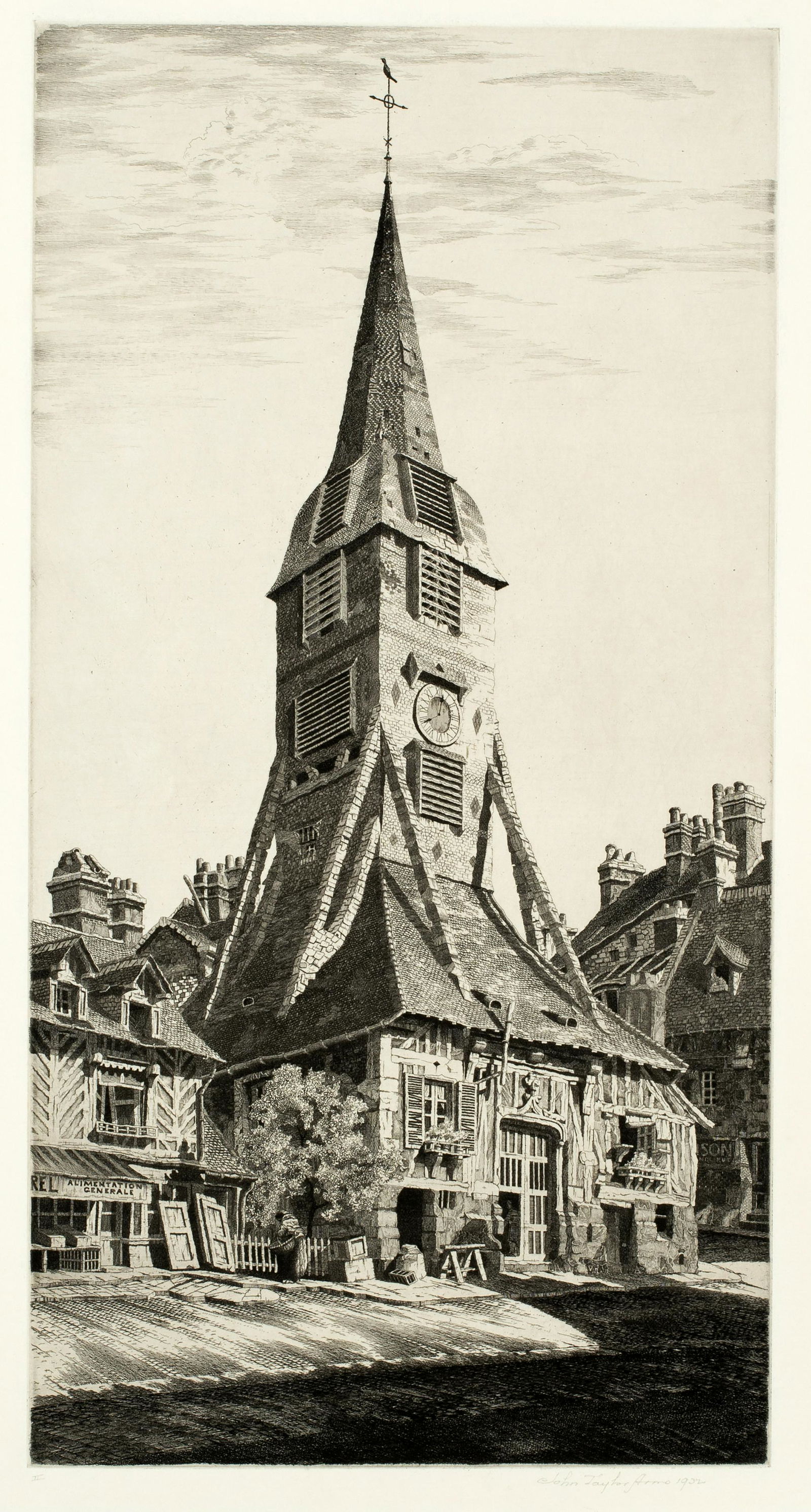 John Taylor Arms (1887-1953) 'Saint Catherine's Belfry, Honfleur, 1932': This etching by John Taylor Arms, from his French Church Series is titled: "Saint Catherine's Belfry, Honfleur", it was created and printed in 1932. The pencil signed image measures 13 5/8" X 7 1/8".