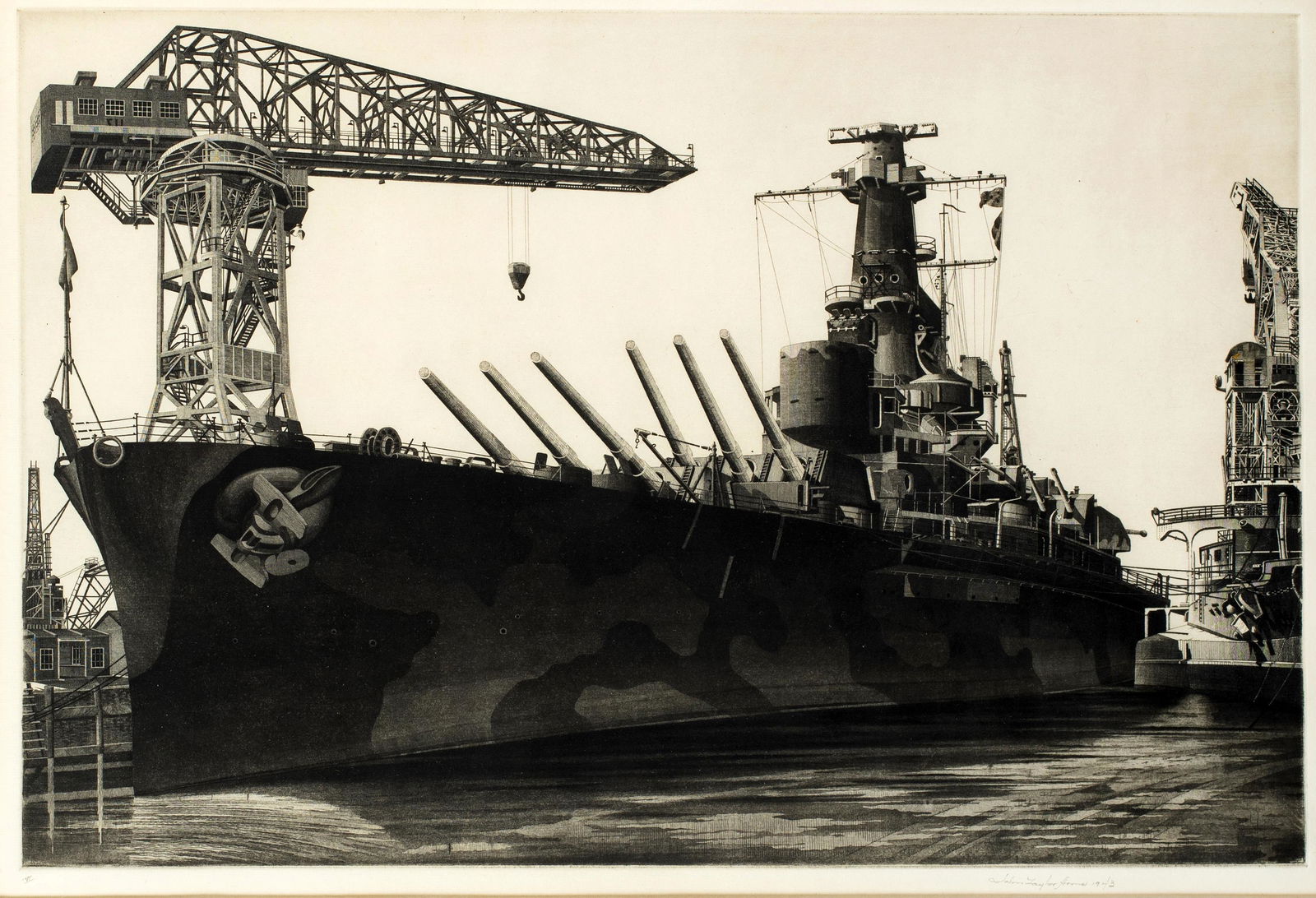 John Taylor Arms (1887-1953), 'Battle Wagon', 1943: Terrific etching, signed and dated in pencil lower right, image measures 12" x 18", Matted and framed under glass.. John Taylor Arms was an extremely talented and successful artist in the early 20th c