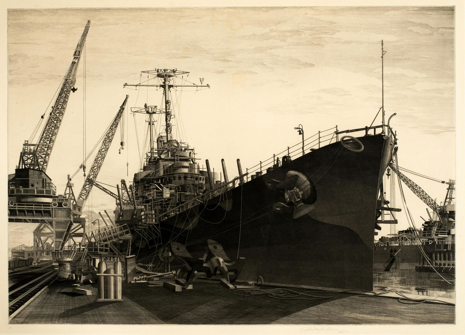 John Taylor Arms (1887-1953) 'U.S.S.Columbia Under Construction at the New York Shipbuilding (1 of 5)