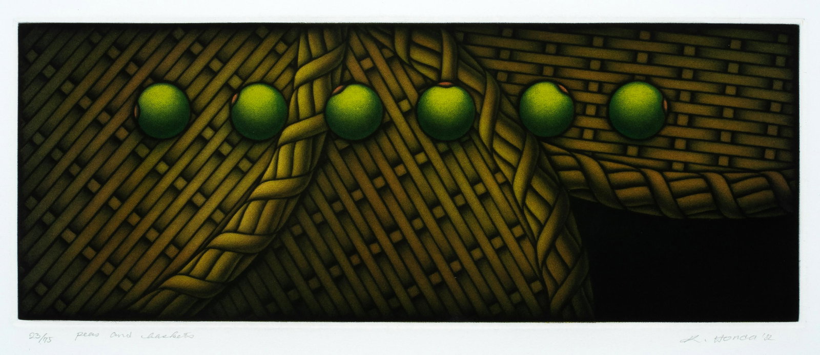 Kazuhisa Honda (b.1948) Peas and Basket: Mezzotint in colors, c.1990, titled and signed in pencil, 23/75, image size 7" x 18".