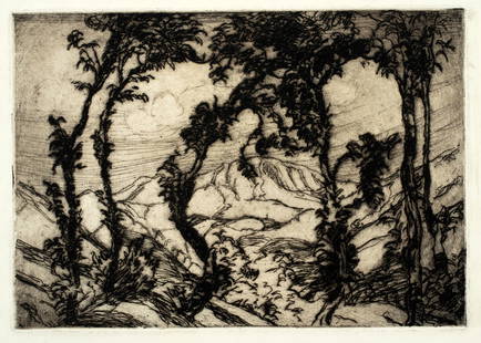 Margaret Jordan Patterson (1867-1950) 'Mountain through Trees': Etching, image size 6 7/8" x 9 7/8", stamped Margaret J. Patterson Estate on back.