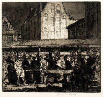 Sir Frank Brangwyn (1867-1956) 'The Meat Market, 1906': Etching, image size 10 7/8" x 12", 1906, cat: Gaunt-69, pencil signed.