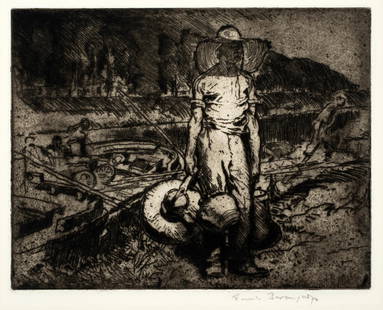 Sir Frank Brangwyn (1867-1956) 'The Water Carrier, 1908': This is an original etching by British artist Sir Frank Brangwyn (1867-1956) The title of this work is: "The Water Carrier", it was created and printed in 1908. The image measures 7" X 9". The