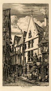 Charles Meryon (1821-1868 'La Rue des Toiles, A. Bourges': This etching by French artist Charles Meryon is titled: La Rue des Toiles, A. Bourges. It was created in 1853. The image measures 8 3/8" X 4 5/8". This impression is the 9th state of 9 which has the t