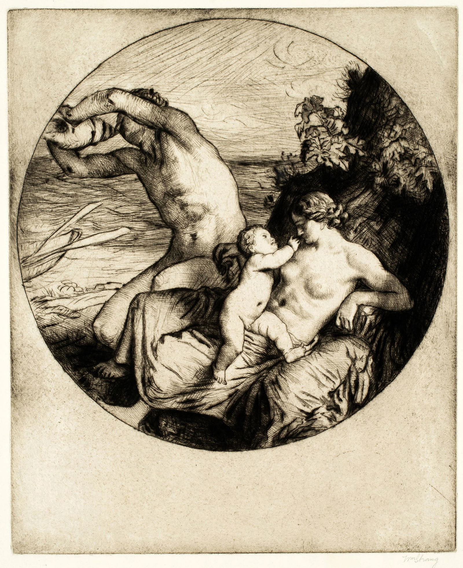William Strang (1859-1921) 'The Fisherman's Home': Measuring 11 1/4" x 9 1/4", "The Fisherman's Home" is very similar to Strang's painting of the same name from 1905 which is owned by the Ashmolean Museum, Oxford. This richly inked print from the Bald