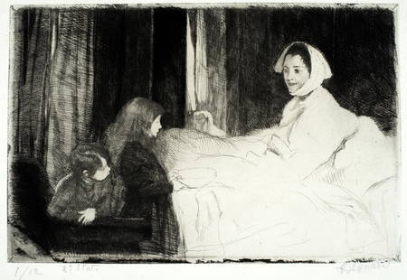 Albert Besnard (1849-1934) 'La Mere Malade, 1891': Etching, image size: 7 11/16" x 11 5/8", 1891, 2nd state, ed. 1/12, cat. Delteil 90.