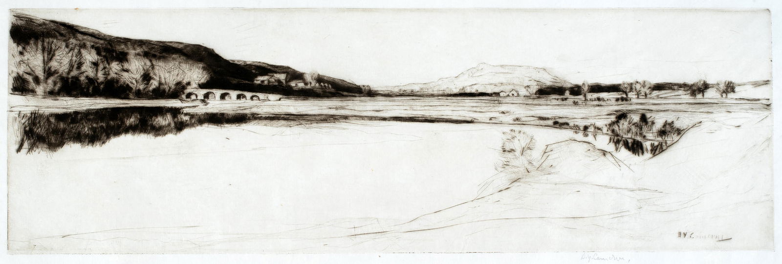 David Y. Cameron (1865-1945) 'Strathearn, 1925': This original drypoint by the British artist David Young Cameron measures 4 1/2" x 13 7/8". It is pencil signed and titled, in an edition of about 50 proofs, 1925, R. 466, fourth state. Cameron was bo
