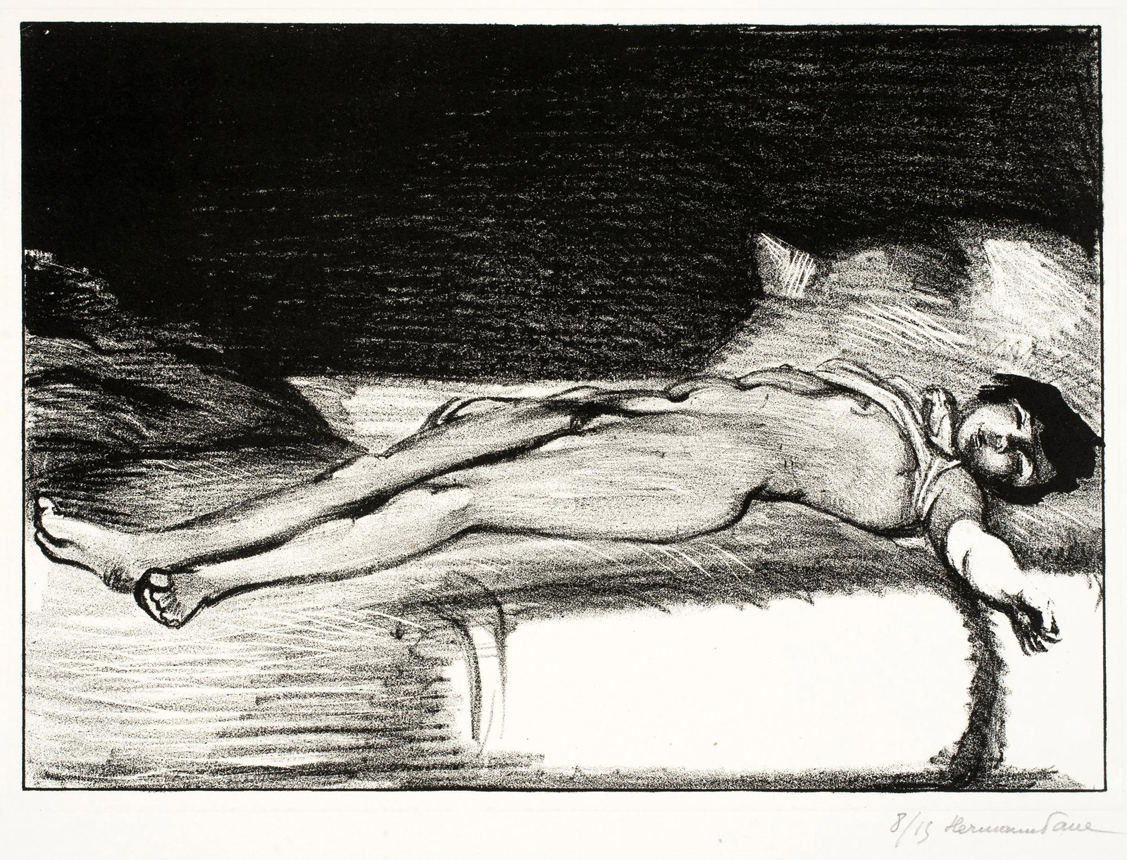 Herrmann Paul (1864-1940) 'Nude On Bed': An early Herrmann Paul lithograph measuring 6 3/4" x 9 5/8", pencil signed and numbered, 8/15. A beautiful image on heavy weight paper with the "Chartres" auction stamp on the verso. Well-known for hi