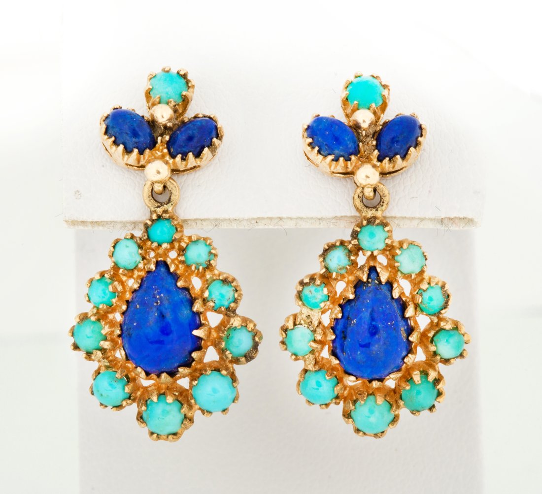 Vintage Lapis and Turquoise Drop Earrings Set in Gold (1 of 9)